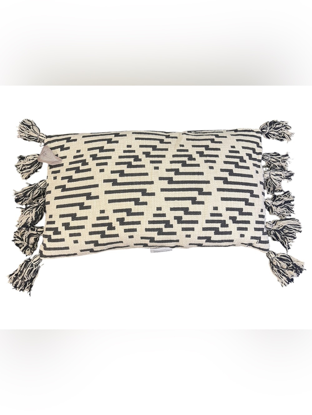 Throw Pillow Rectangle 24x13 in Tassels Black Tan Natural Home Decor Boho Modern